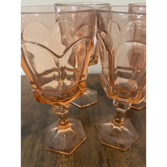 Vintage Fostoria Virginia Pink Peach Water Goblet Wine Glasses 7 1/8" Set Of 4 - Picture 2 of 3